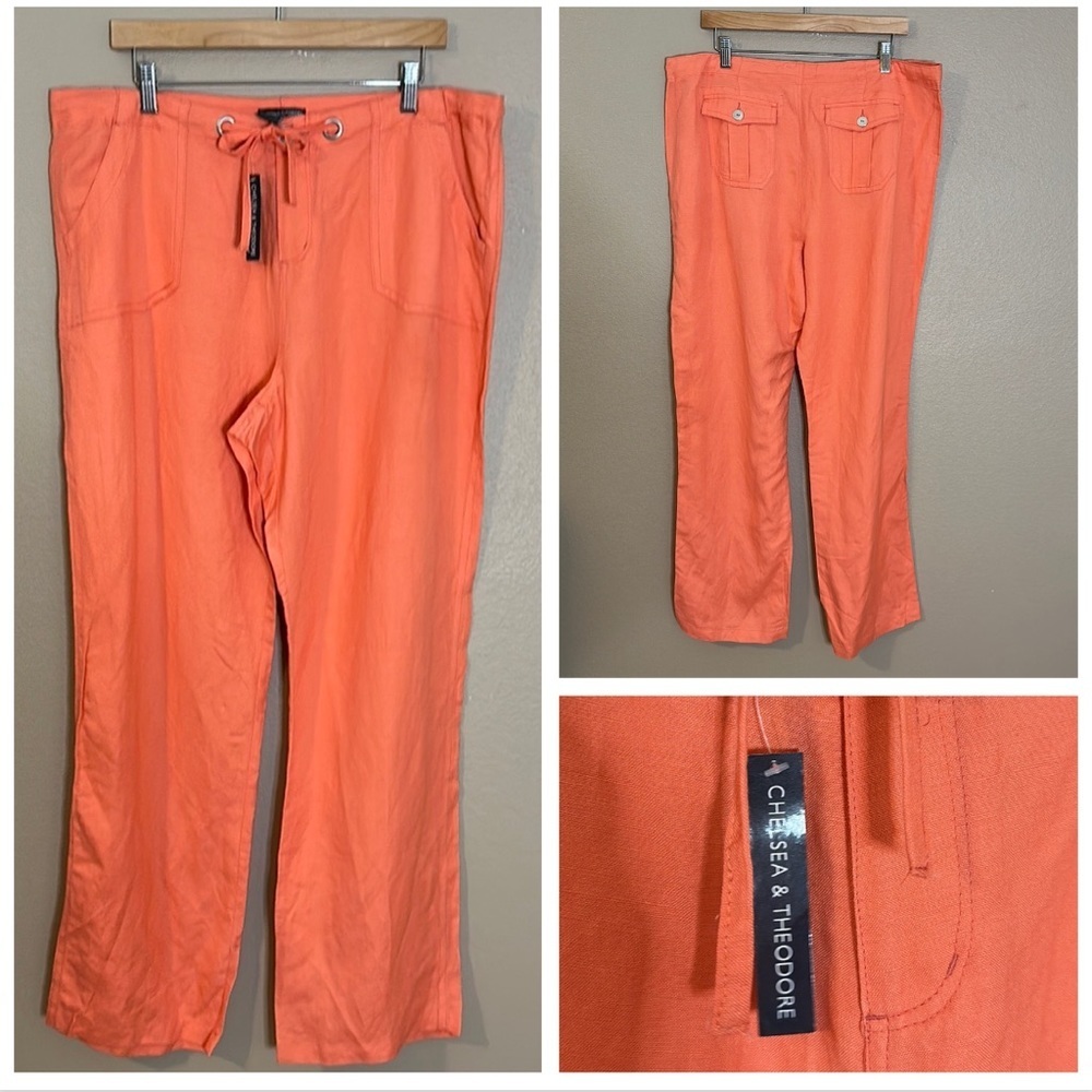 For Cynthia Orange Coral Linen Blend Straight Leg Women's Pants Sz XL NWT New